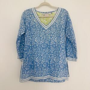 Gretchen Scott Womens M Blue White Floral Stripe Tunic Top Cotton Preppy